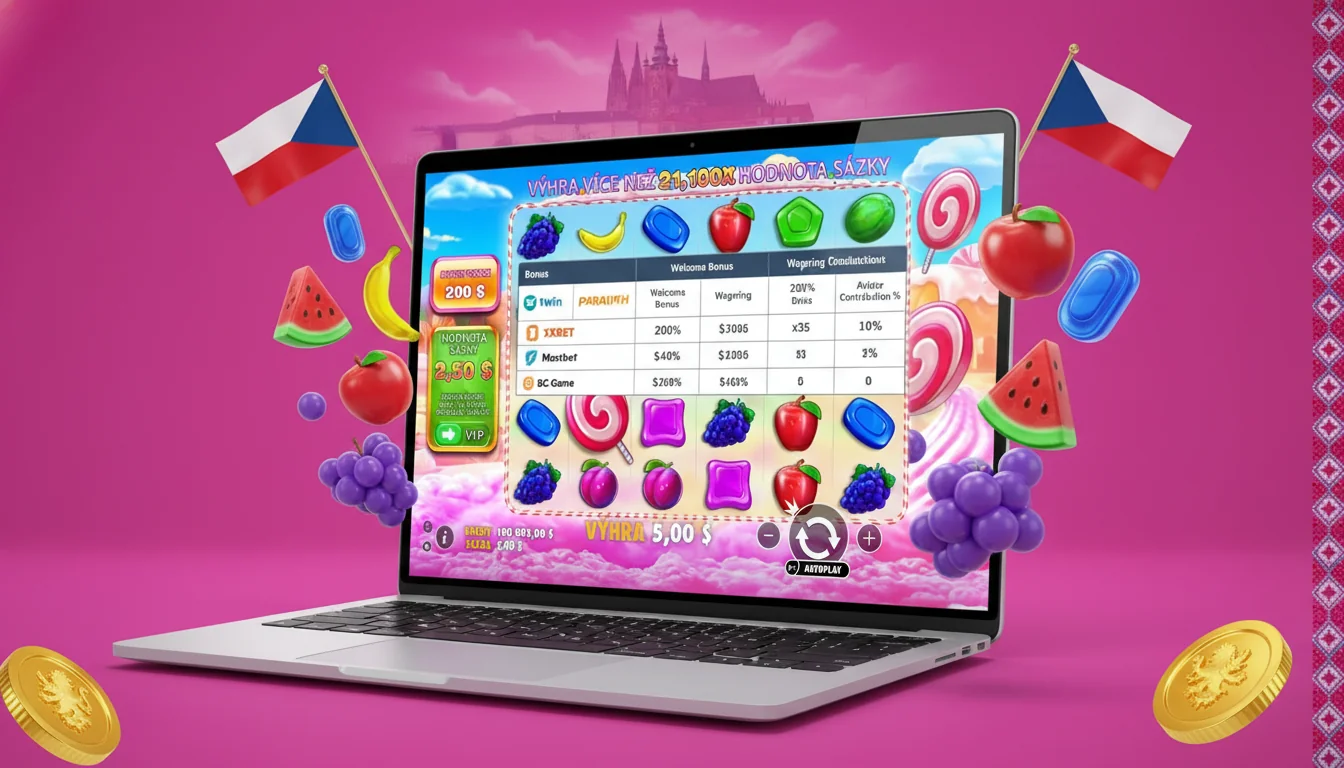 Promo code entry screen at a Czech casino cashier with Sweet Bonanza eligible bonus highlighted and contribution percentage table visible